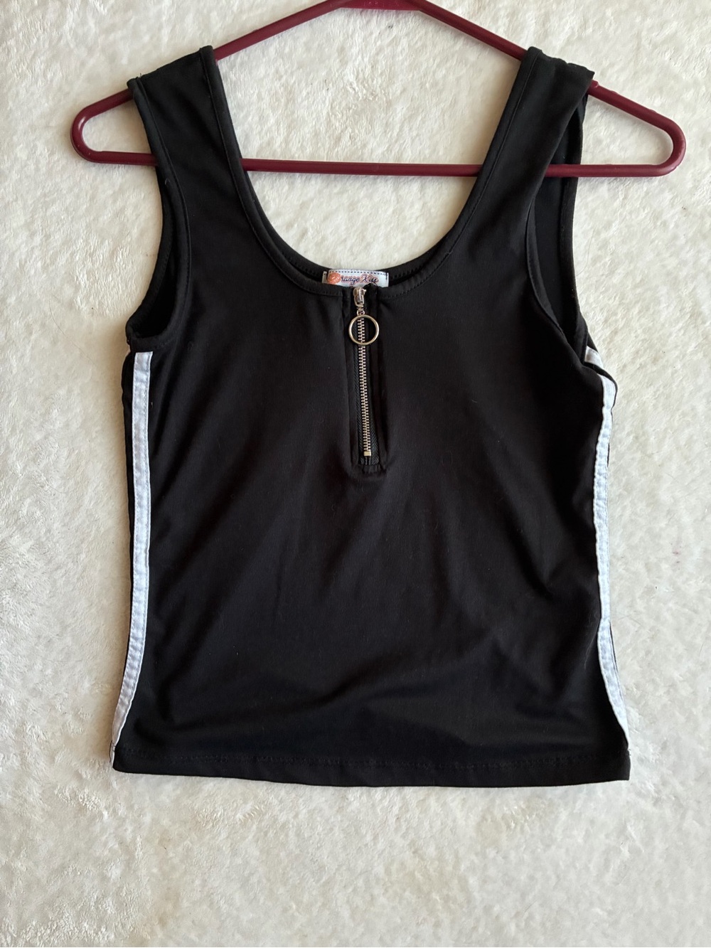 Vintage Women’s Black Tank Top with Front Ring Zip and White Side Stripes